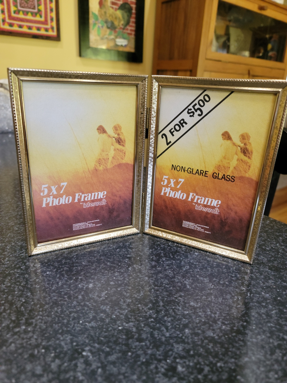 Vintage Gold Tone Metal Double Hinged 5x7 Photo Frame, Non-Glare Glass, 2